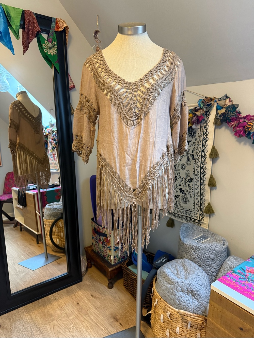 Boho Fringe Crochet Tunic Top in Taupe - Picture 2 of 5